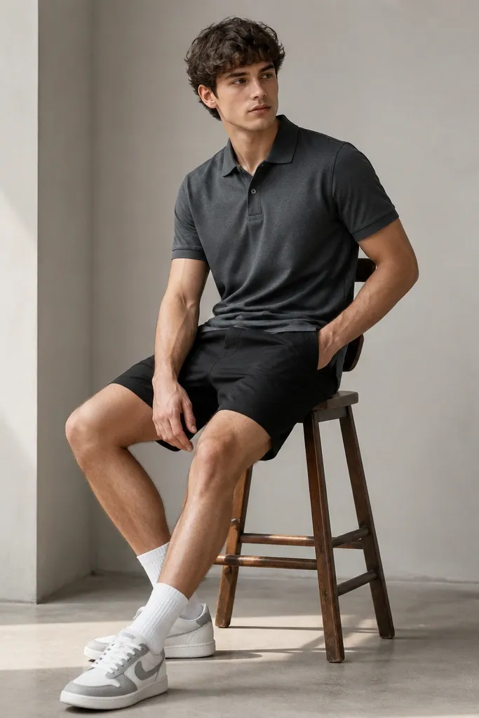 A charcoal polo with a clean collar paired with black shorts. The model wears white crew socks and white/gray low-top sneakers.