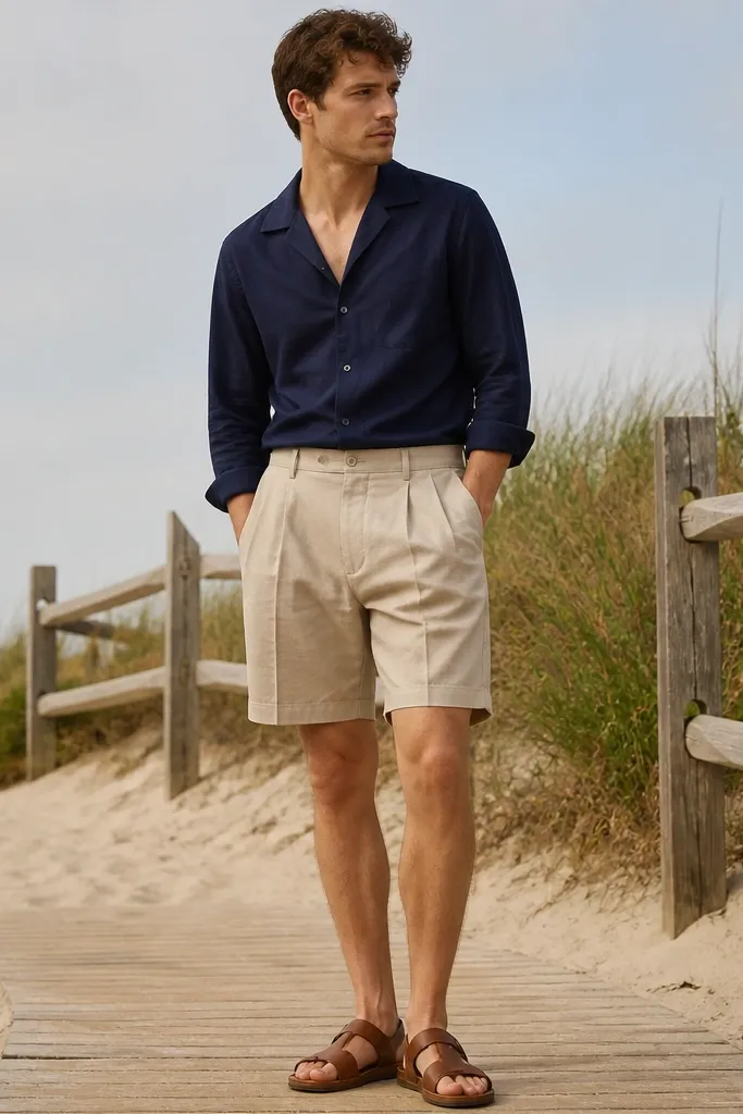 A model stands on a sandy boardwalk wearing a navy camp-collar poplin shirt with the top two buttons open, paired with stone pleated shorts. The shoes are tan leather sandals, and the outfit looks crisp and structured.