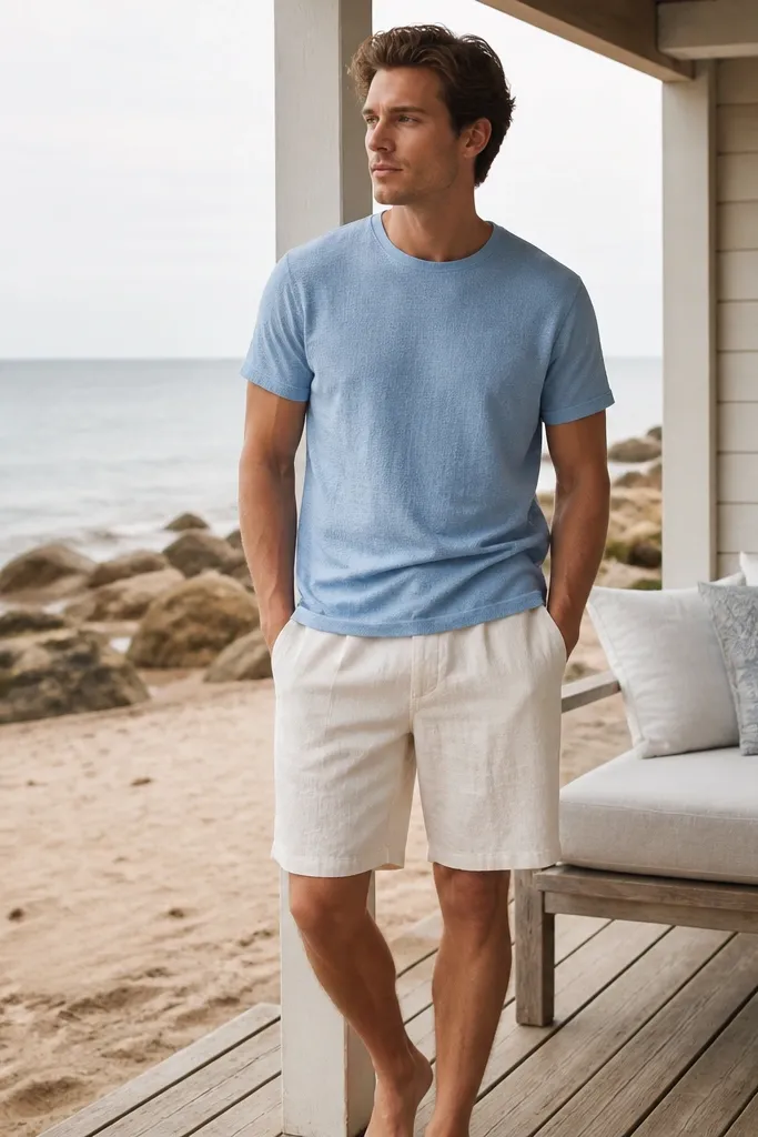 A clean outfit on a beach porch: off-white linen shorts with a slightly wider leg, paired with a light blue textured tee. The model's stance shows the shorts fall straight and don't balloon.