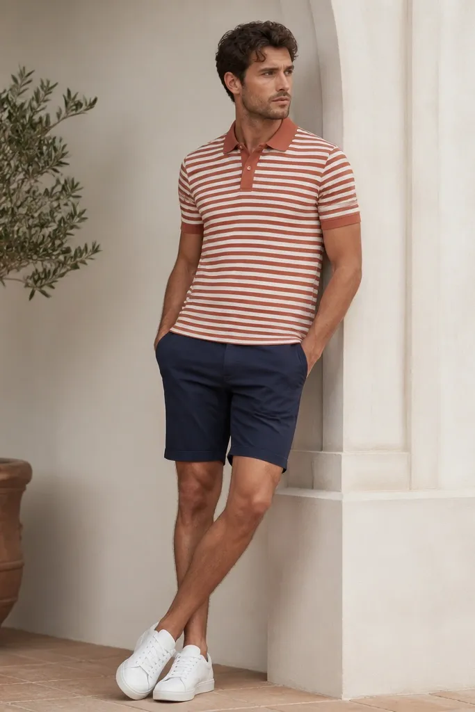 A terracotta-and-cream striped polo with a clean placket sits on a model. The shorts are navy chino shorts with a flat front, and the shoes are white leather sneakers.
