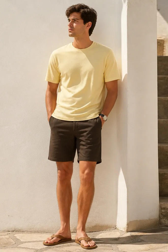 A butter yellow tee paired with black-brown twill shorts. The model wears tan flip-flops and a simple watch. The outfit looks sunlit and clean.