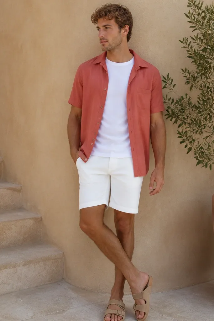 A faded coral short-sleeve button-down worn partially open over a white tee. The shorts are bright white with a flat front. The model's sandals are light tan.