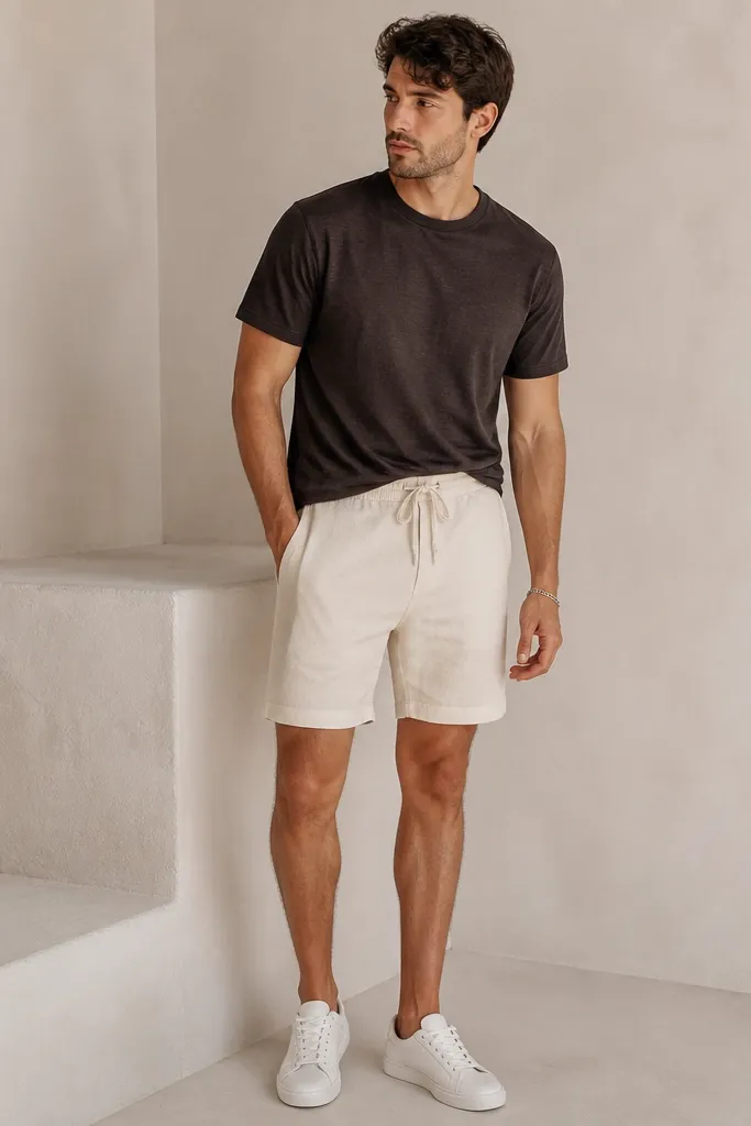 A black-brown slub tee with subtle texture paired with ecru drawstring shorts. The model wears white low-top sneakers and a simple chain bracelet.
