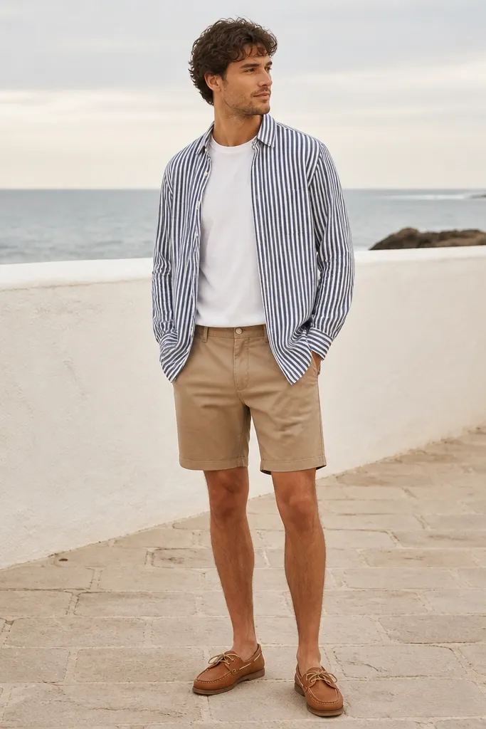 A navy-and-white vertical striped overshirt worn open over a plain white tee. Tan shorts sit at a natural waist, and the shoes are tan leather boat shoes.