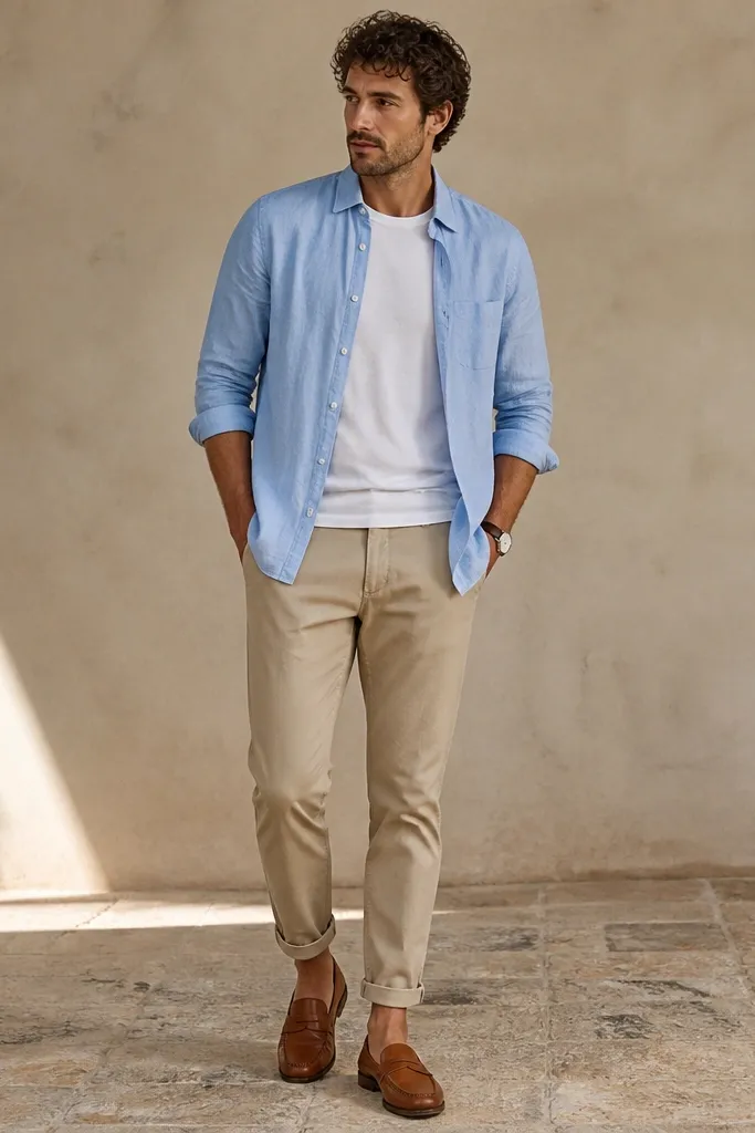 Man in a light blue linen button-up worn open over a plain white tee. He wears beige tapered chinos, cuffed once at the ankle. Tan leather loafers and a simple watch. The linen shows natural wrinkles across the torso.