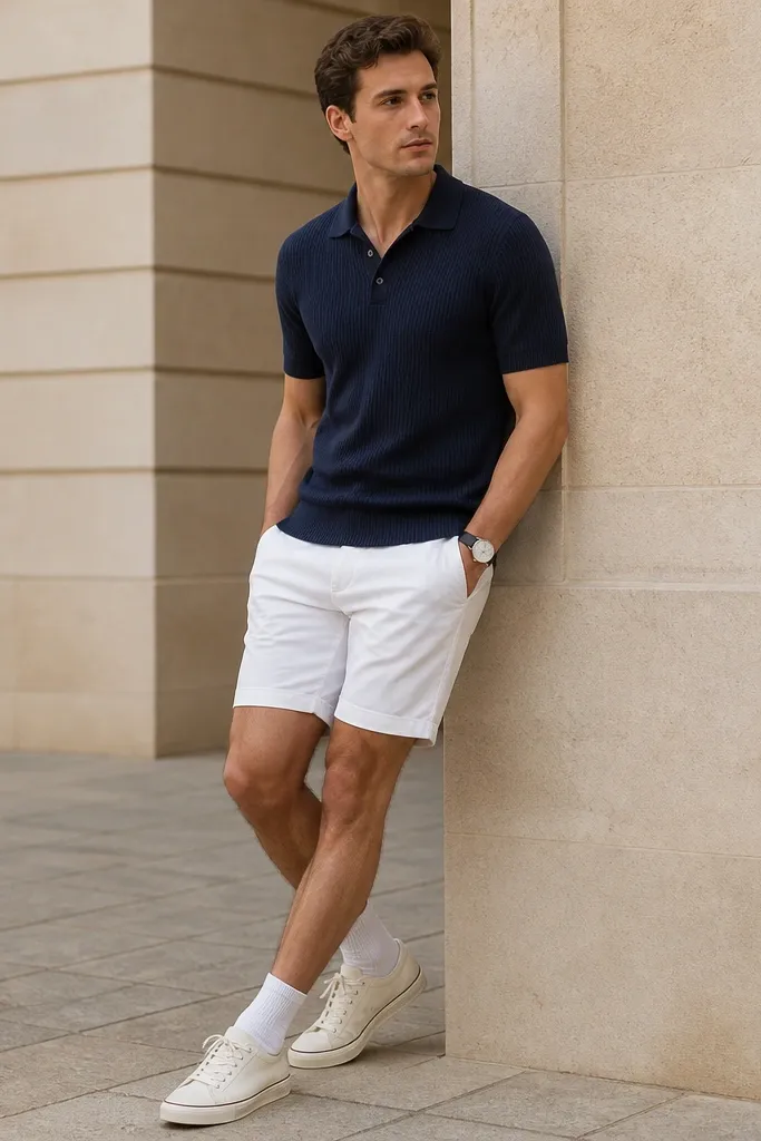 Man wearing a navy knit polo with a clean collar and short sleeves. He pairs it with white shorts that sit at mid-thigh. He has on simple canvas sneakers, white socks, and a slim watch with a dark strap.