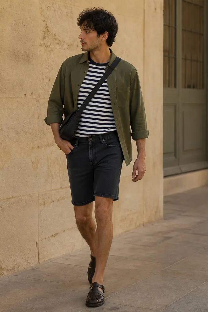 Man wearing a navy-and-white striped short-sleeve tee tucked slightly into dark slim denim shorts. Over it is an olive green overshirt worn open. He wears dark leather sandals or minimalist sneakers and a crossbody bag in black.