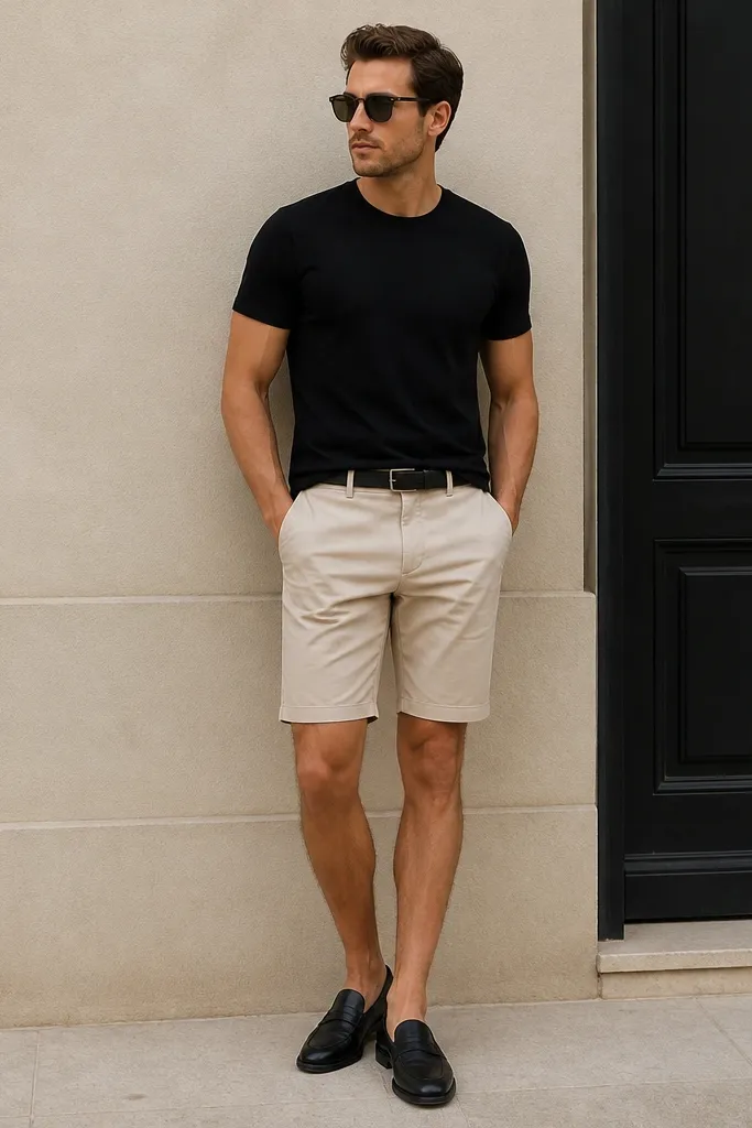 Man wearing a fitted black crew-neck tee. He pairs it with stone-colored chino shorts that hit near the knee. Black loafers and a thin black belt. Outfit looks clean and monochrome with a light neutral bottom.
