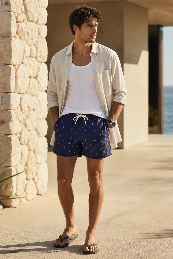 Man in a white tank top under a lightweight oversized shirt worn open. He has navy swim trunks with a drawstring and a subtle pattern. He wears flip-flops and a watch on a rubber strap.