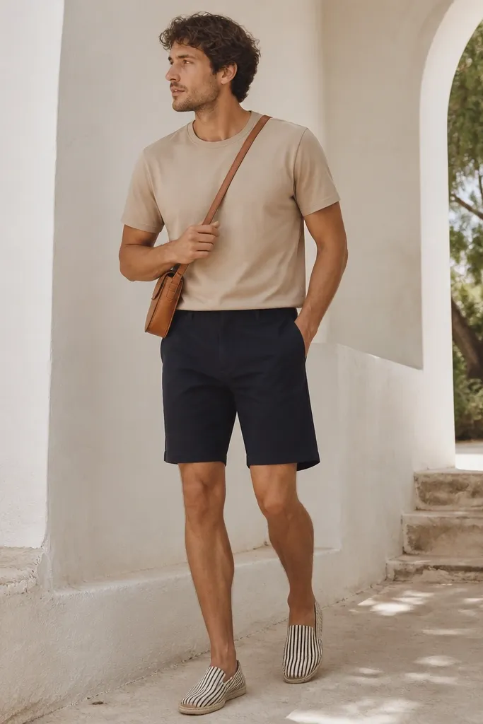Man in a sand-beige crew tee. He wears navy chino shorts with a clean front and a slight taper. On his feet are slip-on shoes with subtle stripes. He carries a small crossbody bag in tan leather.
