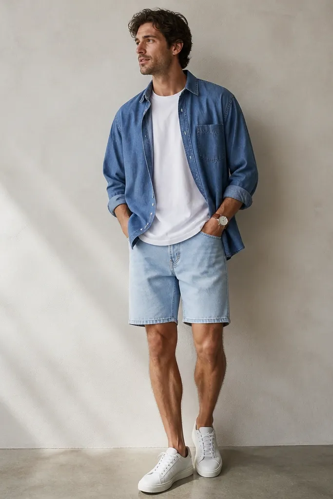 Man wearing a white tee with a loose fit. He has light-wash denim shorts with a straight hem. Over it is a blue chambray overshirt worn open. He wears white sneakers and a brown leather watch strap.