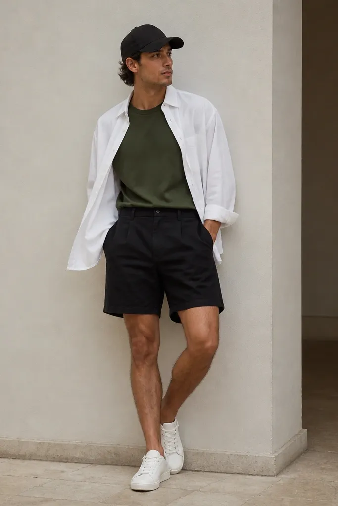Man in olive green tee tucked into black shorts. He wears a white oversized button-up worn open over everything. Minimalist white sneakers and a black baseball cap. The outfit looks monochrome with one green hit.