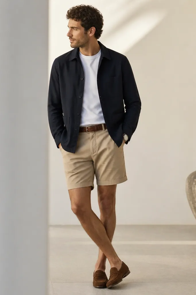 Man wearing a navy lightweight shirt jacket (like a chore coat but thin) over a white tee. He pairs it with khaki shorts and a brown leather belt. He has suede brown loafers and a simple watch.