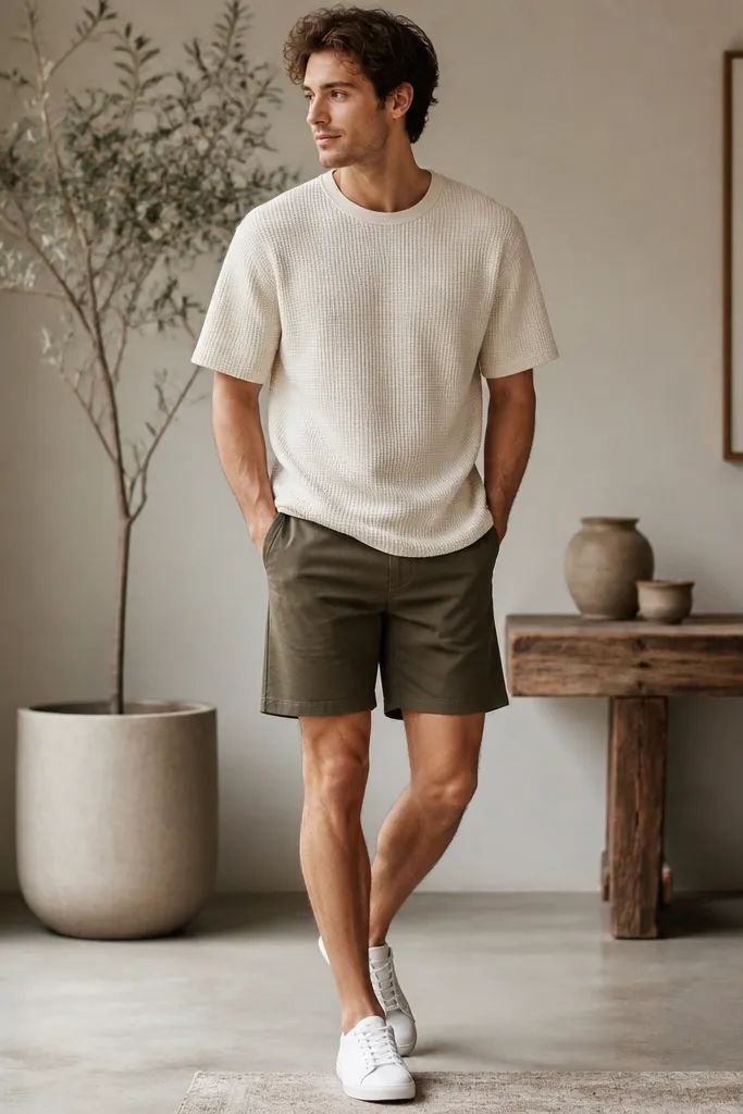 A model wearing an off-white waffle-knit T-shirt with a slightly boxy fit, tucked or half-tucked into olive chino shorts. White low-top sneakers and no-show socks. Lighting shows the waffle texture clearly.
