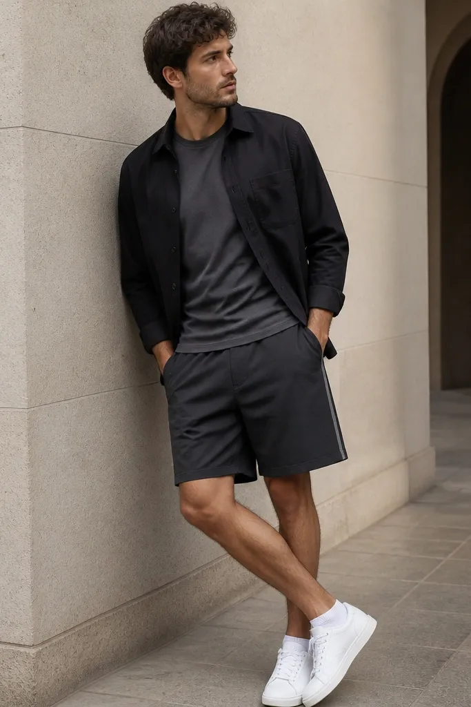 A black lightweight overshirt worn open over a dark gray tee, paired with charcoal track shorts with a subtle stripe. White sneakers with a clean toe and short socks.