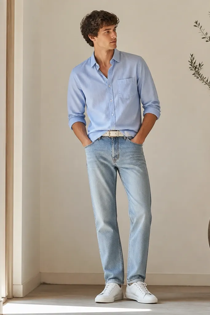 A light blue oxford button-down worn with sleeves rolled, paired with stone straight-leg jeans. White belt, clean white sneakers, and a relaxed untucked shirt hem.