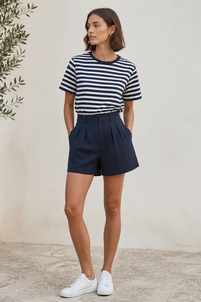 A navy-and-white striped short-sleeve tee with a relaxed fit, tucked into navy pleated shorts. Minimal accessories, white low-top sneakers, and a clean belt line.