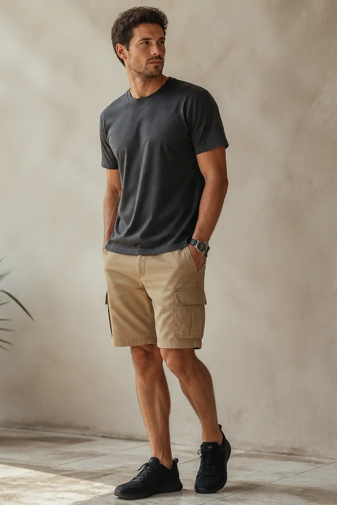 A charcoal crewneck tee worn with tan cargo shorts that have large side pockets. Black sneakers and a simple watch on the wrist.
