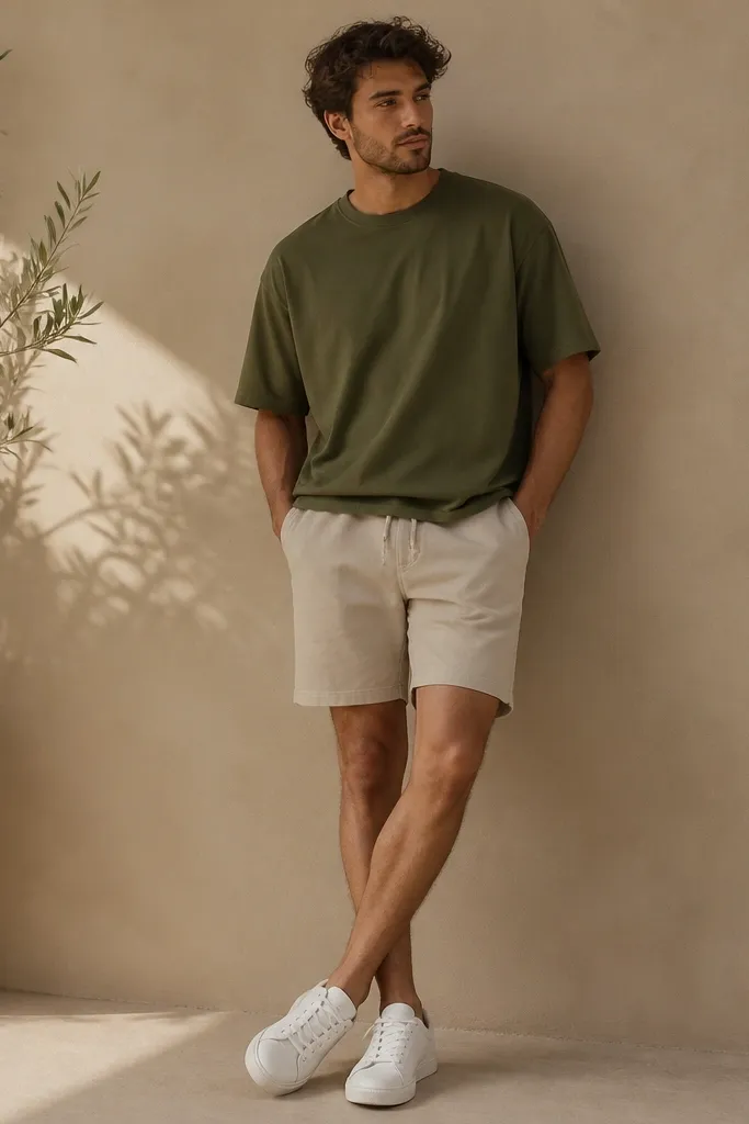 An olive green T-shirt paired with sand-colored drawstring shorts. White sneakers and a relaxed, slightly oversized fit.