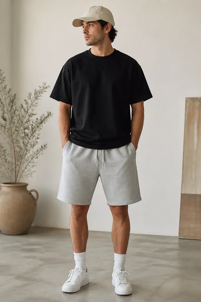 A black crewneck tee with a relaxed fit paired with light gray sweatshorts. White sneakers and a simple cap. Fabric looks like loopback terry.