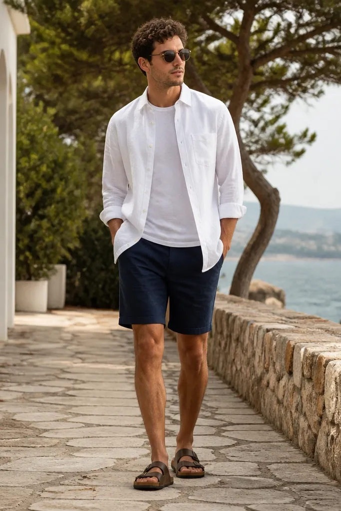 A white linen blend button-up worn open over a plain tee, paired with navy shorts. Linen shows natural wrinkles. Sandals or clean sneakers depending on the setting.