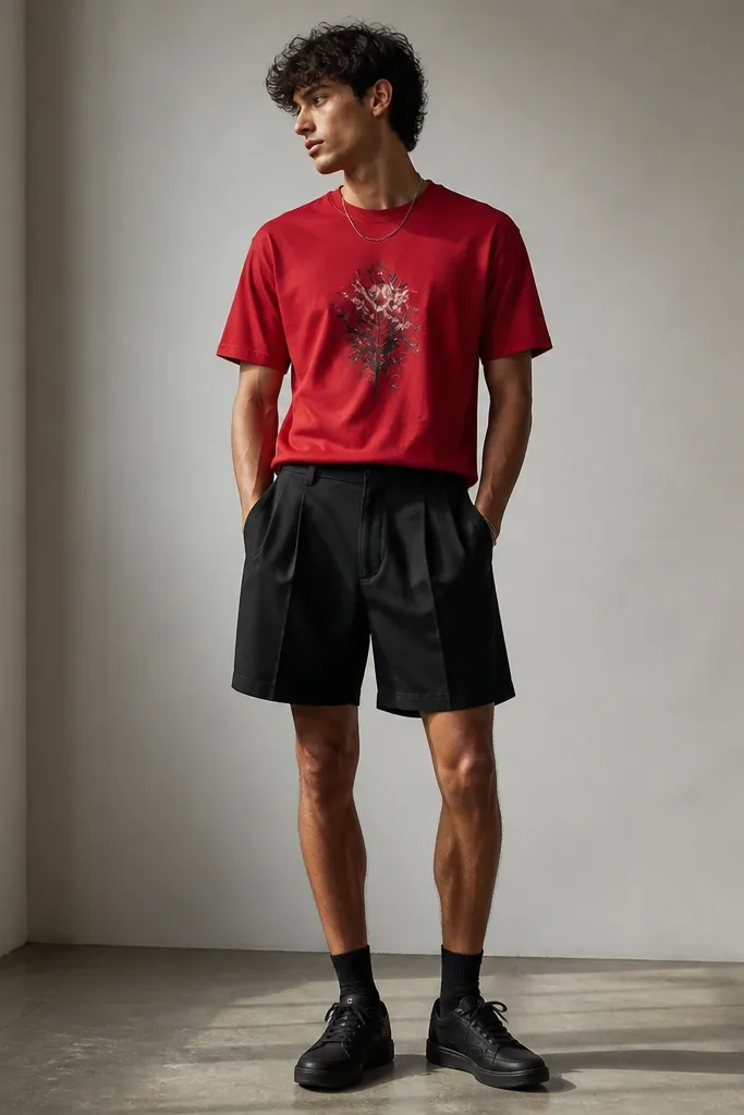 A red graphic T-shirt paired with black pleated shorts. The graphic is centered and medium-sized, not huge. Black sneakers and a simple chain.