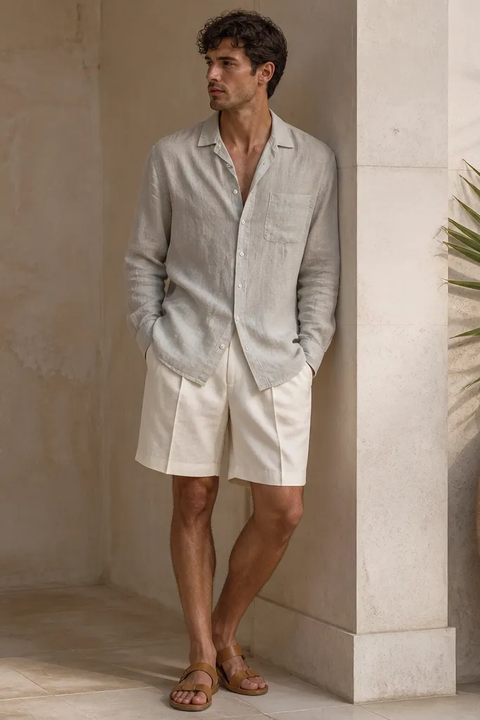 A light stone/gray linen camp collar shirt worn open at the top with a relaxed fit, paired with ecru pleated shorts and tan leather sandals. The shirt has visible slubs and a slightly curved hem.