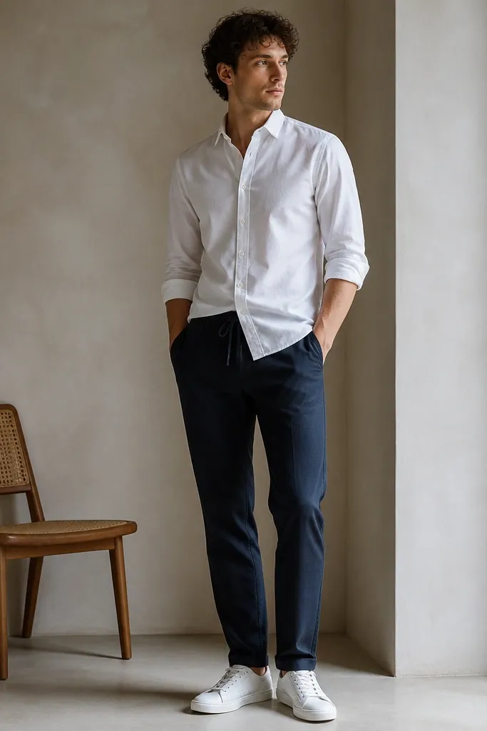 A crisp white cotton poplin button-down with sleeves rolled to mid-forearm, paired with navy drawstring chinos and white low-top sneakers. The button-down is slightly loose at the torso.