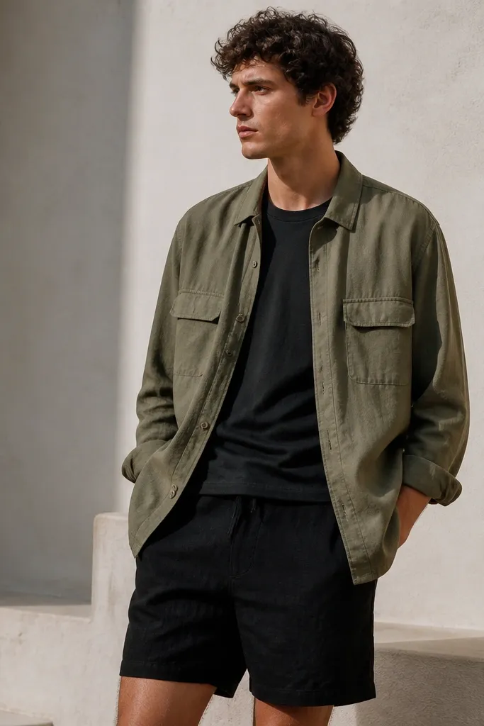 An olive lightweight overshirt worn unbuttoned over a dark tee, paired with black linen shorts. The overshirt has flap pockets and a slightly boxy shape.