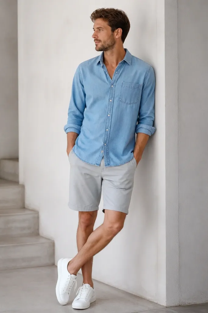 A sky blue chambray button-up with a relaxed fit and slightly faded look, paired with light gray twill chino shorts. The outfit is styled with white sneakers.