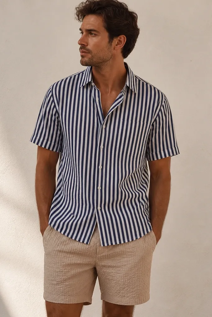 A navy and white striped short-sleeve shirt with a collar, paired with tan seersucker shorts. The seersucker has a puckered texture that catches light.