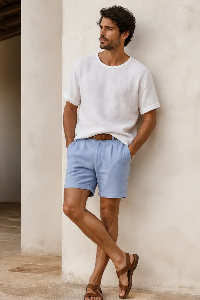 A white linen tee worn slightly loose, paired with sky blue shorts and a tan leather belt. The outfit is finished with brown sandals.