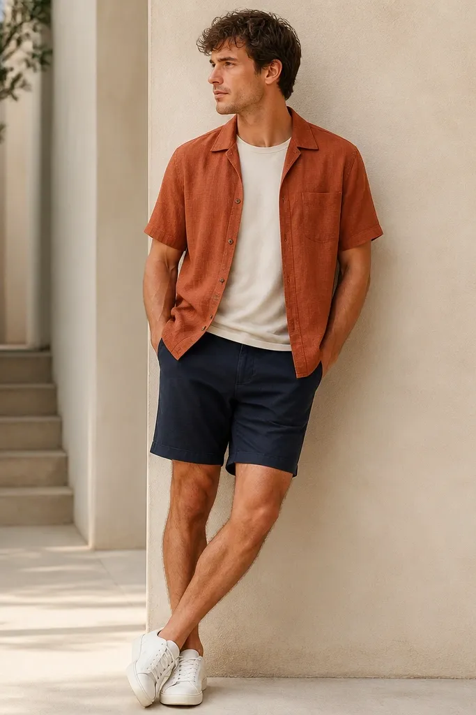 A rust/orange camp shirt with short sleeves worn slightly open over a plain tee, paired with navy chino shorts and white sneakers. The shirt fabric looks airy and textured.