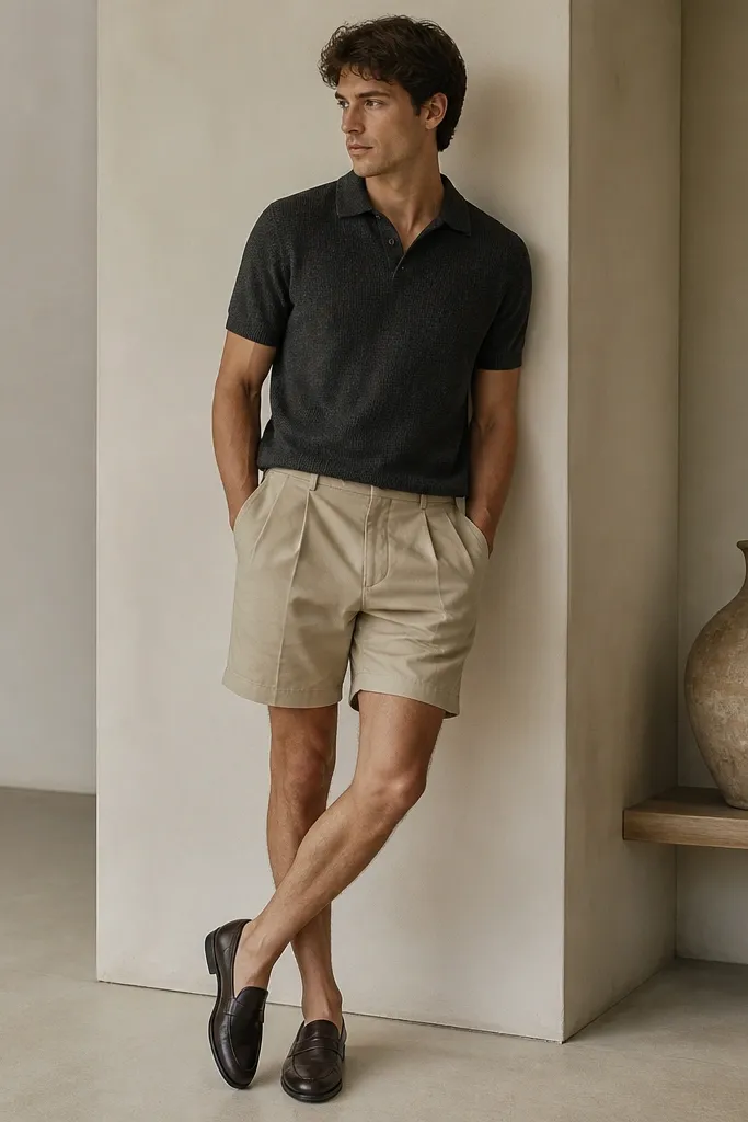 A charcoal knit polo with a soft collar and short sleeves, paired with beige pleated shorts. The outfit is styled with dark loafers.