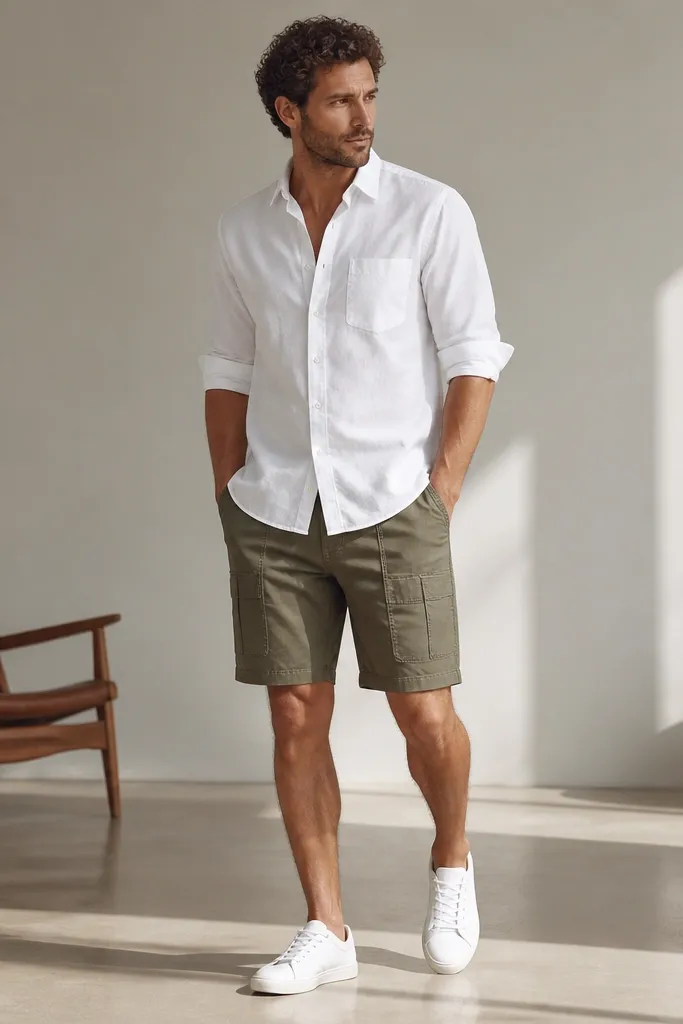 A white poplin shirt with sleeves rolled, paired with olive utility shorts that have side pockets but not oversized cargo flaps. Shoes are white low sneakers.
