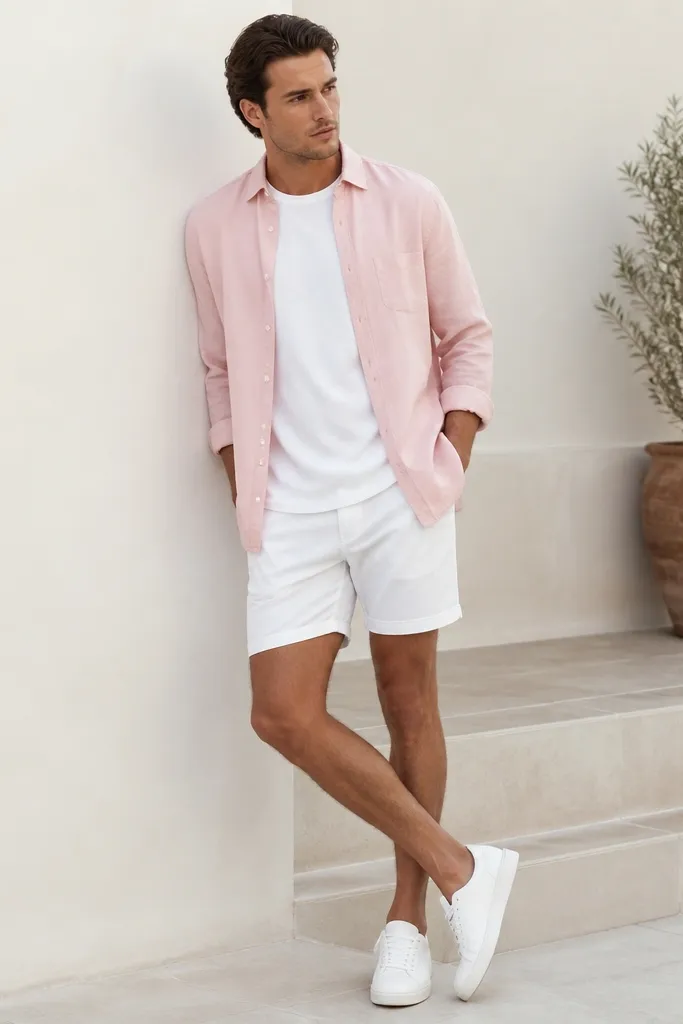 A pastel pink lightweight overshirt worn open over a white tee, paired with white shorts. White leather sneakers finish the look.