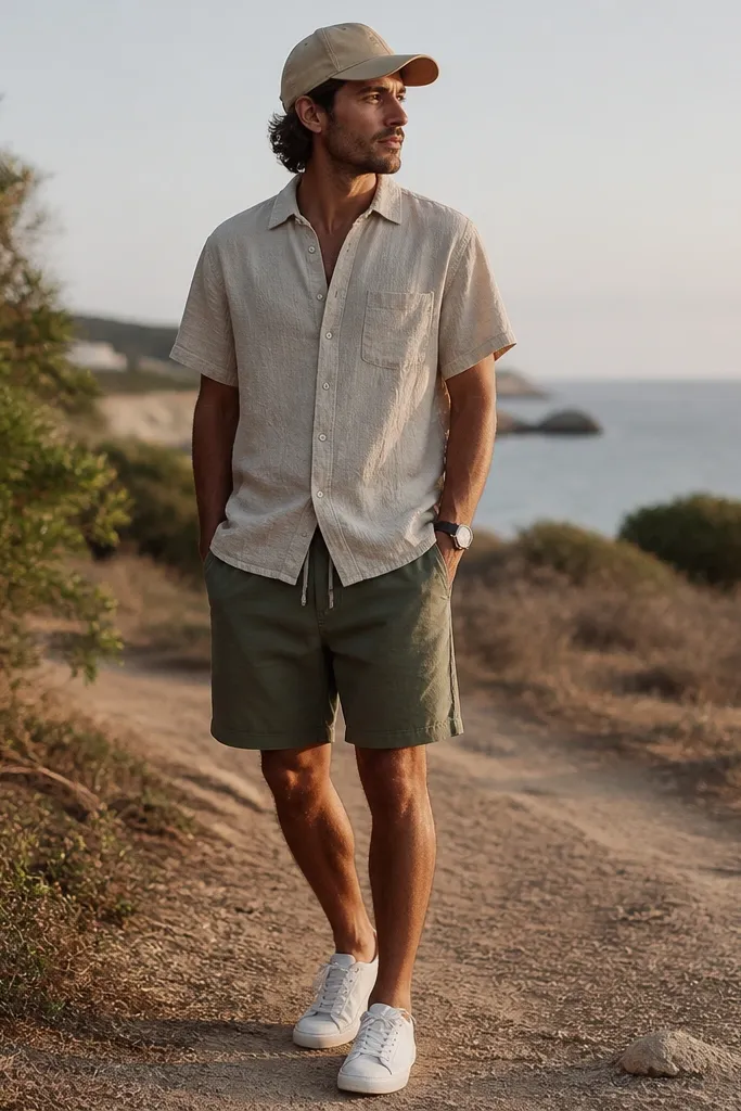 A man stands on a dirt path wearing a sand-colored short-sleeve poplin shirt slightly untucked over olive drawstring shorts. He has white low-top sneakers, a tan baseball cap, and a simple wristwatch. The outfit looks airy and clean, with visible texture in the shirt.