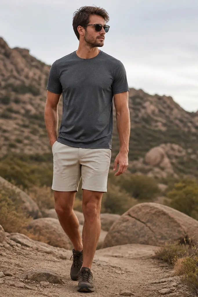 A man wears a slate gray athletic tee with a subtle grid texture and stone beige chino shorts. The shorts have a clean front and a short hem above the knee. He's in dark brown trail shoes and a pair of sunglasses.