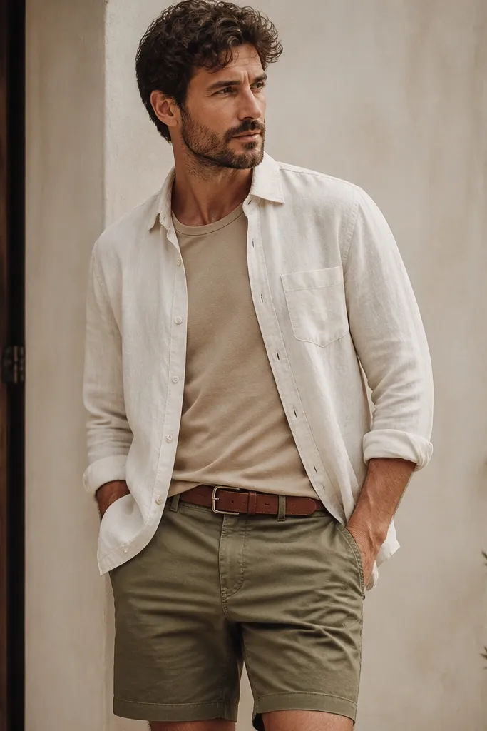 A man wears an off-white linen button-down left open over a plain tan tee. He has olive shorts and a light brown leather belt. The shirt fabric shows natural wrinkling and texture, and the outfit looks relaxed and breathable.