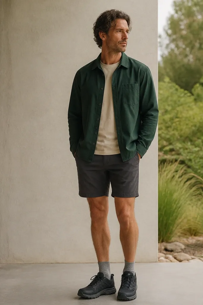 A man is wearing a forest green lightweight overshirt over a cream crew-neck tee. He has charcoal shorts and black trail sneakers. The overshirt is partially buttoned, with visible seams and a matte fabric finish.