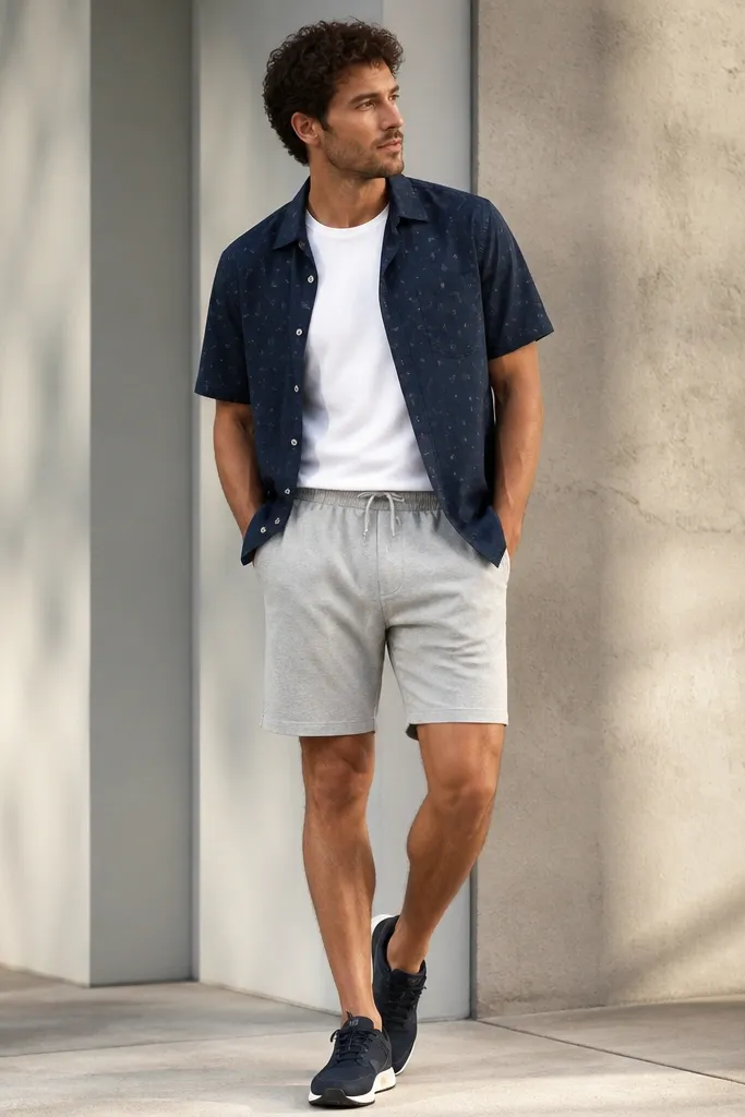 A man wears a navy short-sleeve camp collar shirt with a subtle print, open at the top over a white tee. He has light gray jogger-style shorts with an elastic waistband and dark sneakers.