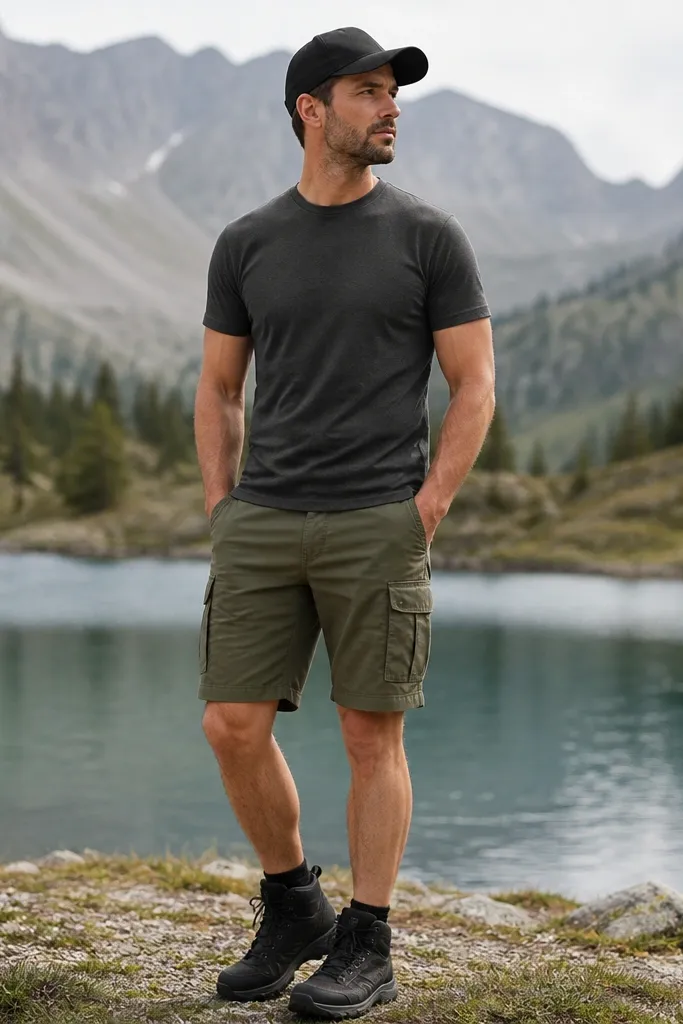 A man wears a charcoal short-sleeve tee with a fine knit look. He pairs it with olive cargo shorts that have multiple pockets but a clean silhouette. He has black hiking boots and a dark cap.