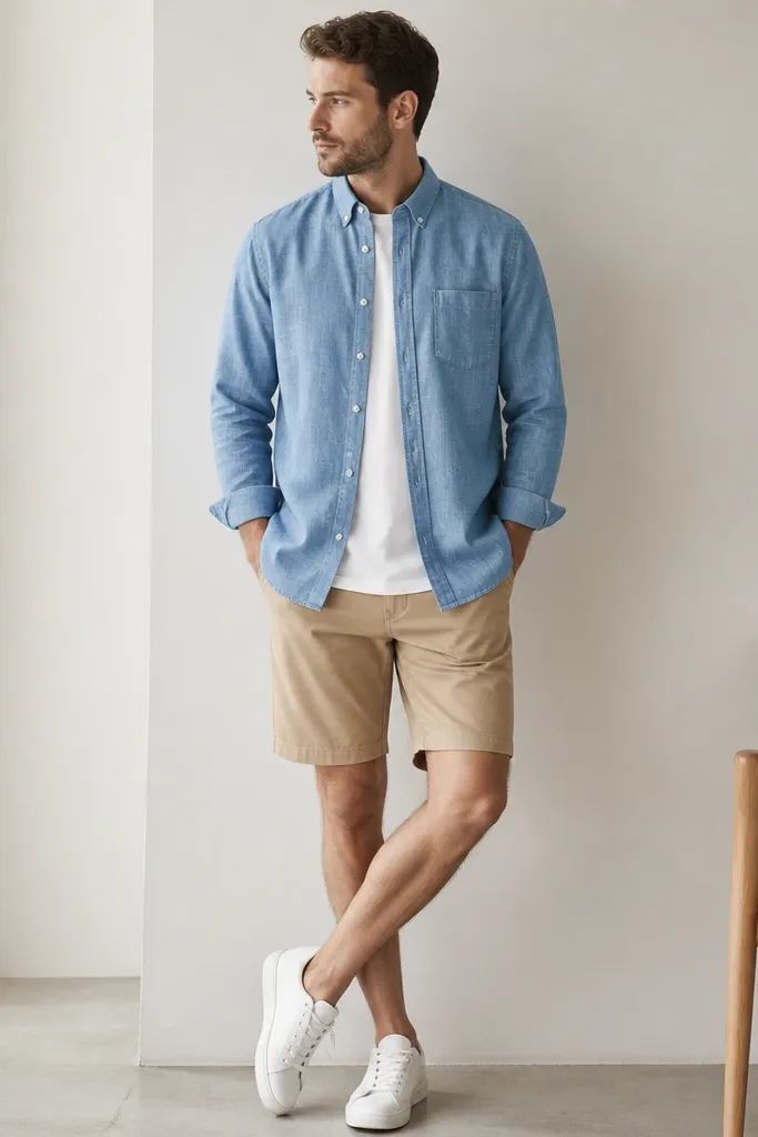 A man wears a light blue chambray overshirt, buttoned at the top two, over a white crew tee. He has tan shorts and white sneakers. The chambray has a slightly washed look and visible woven texture.