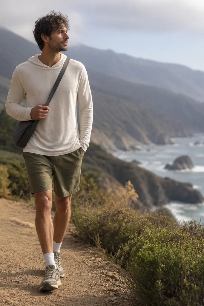 A man wears a light cream pullover hoodie made of thin fabric, paired with olive shorts. He has a dark crossbody bag and trail sneakers. The hoodie looks soft and breathable, not bulky.