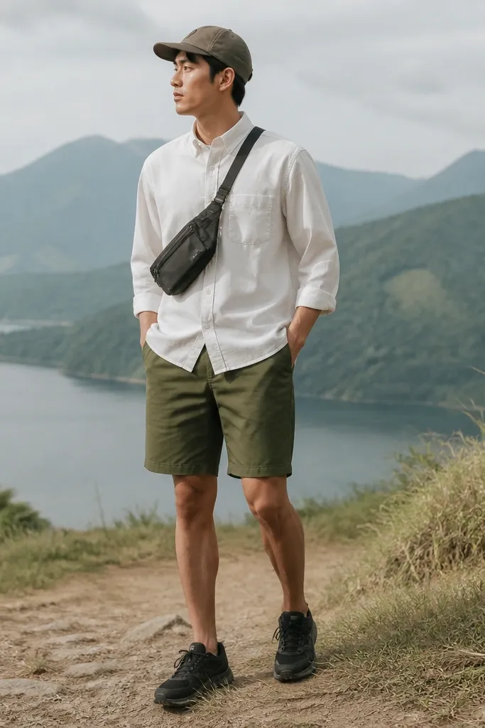 A man wears a white breathable hiking shirt that looks structured but not stiff. He pairs it with olive shorts and has a small sling bag across his chest. He's wearing dark sneakers and a cap.