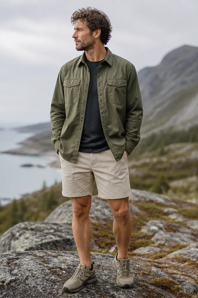 A man wears an olive ripstop overshirt with a matte, slightly textured finish. Under it is a charcoal tee. He has light khaki shorts and sturdy sneakers. The overshirt looks like it can handle wind and light rain.