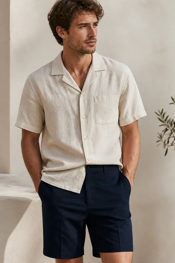 A light oatmeal camp collar shirt with short sleeves, worn half-tucked over navy cotton shorts. The shirt has a slightly relaxed drape and visible linen texture; the shorts sit at the natural waist with a clean crease line.