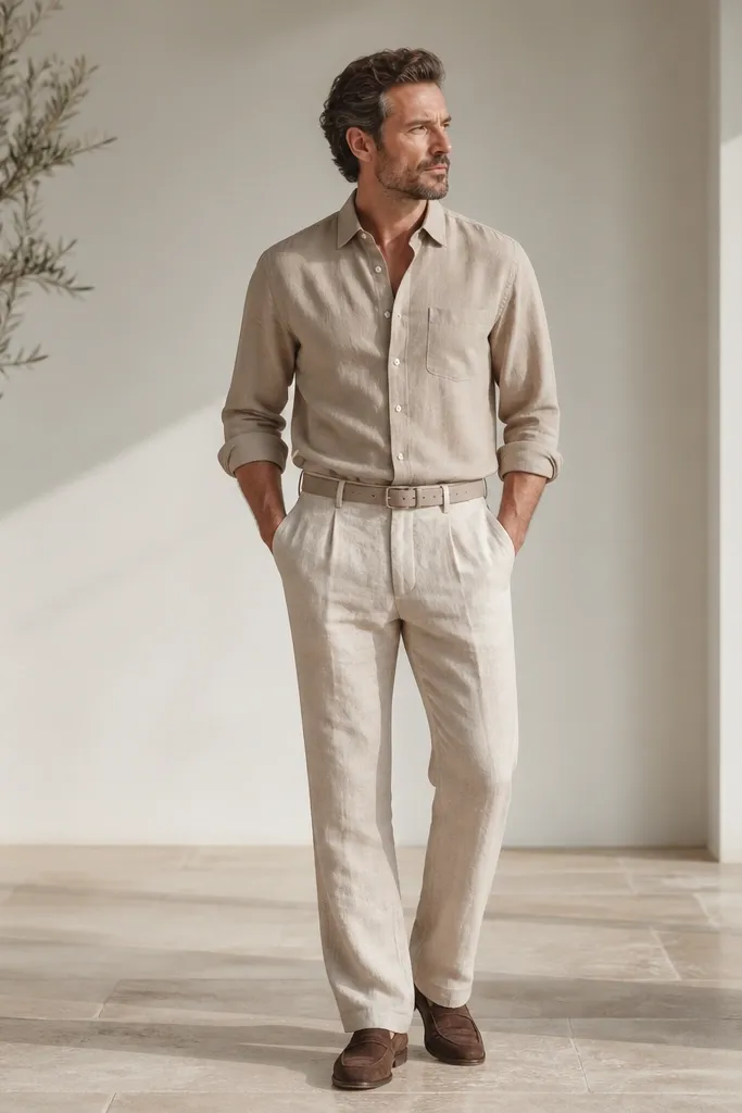 A stone-colored button-down shirt in crisp cotton, tucked into light beige linen trousers. The trousers show relaxed linen wrinkles and a slight break at the shoe, with a belt matching the shirt tone.