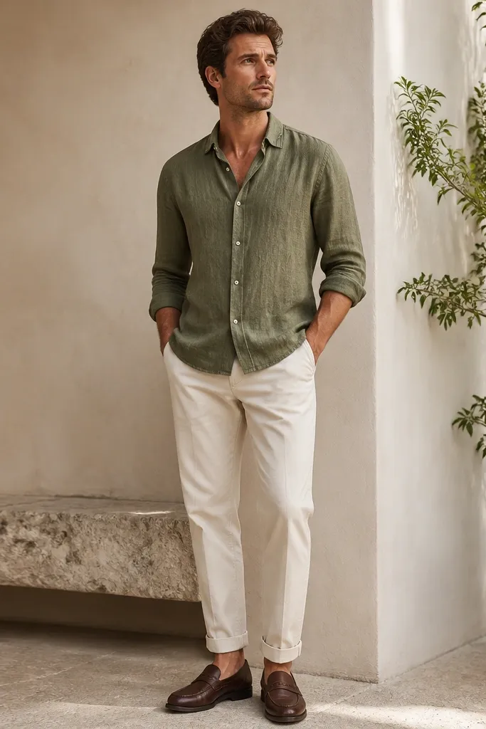 A washed olive linen shirt with subtle vertical texture paired with ecru cotton chinos. The chinos have a tapered leg and a cuffed hem in a casual, neat style.