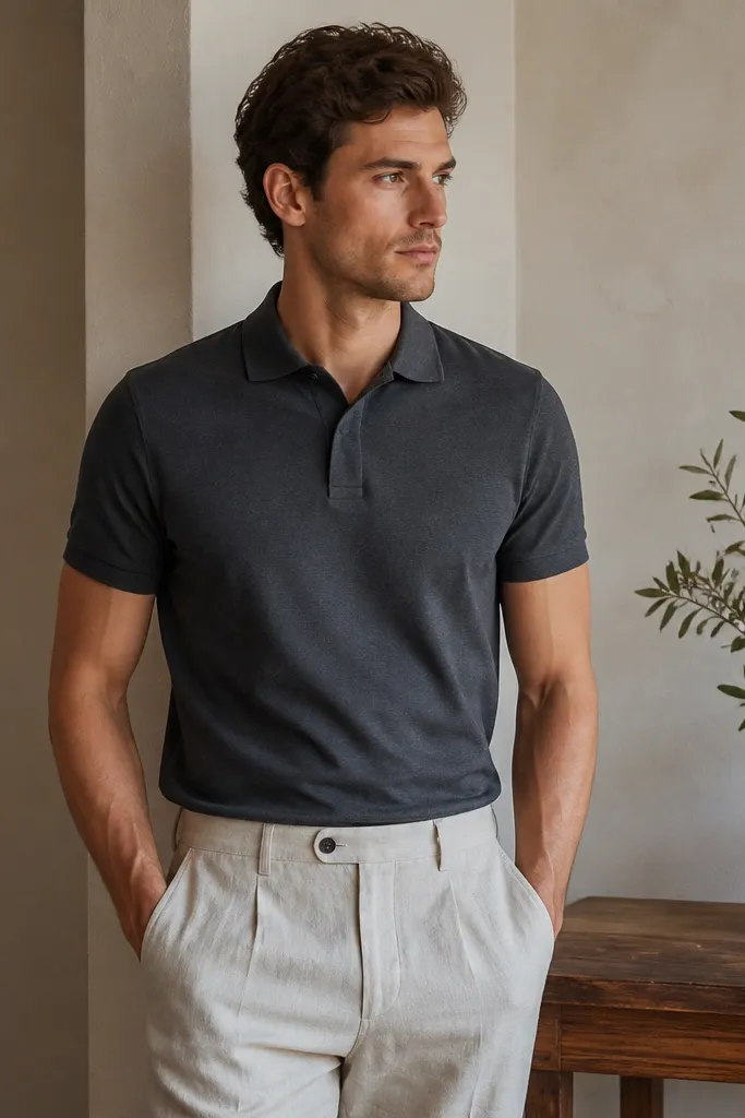 A soft charcoal polo shirt with a clean placket and ribbed collar, worn with pale linen slacks. The polo sits flat at the chest and the slacks drape with natural linen creasing.